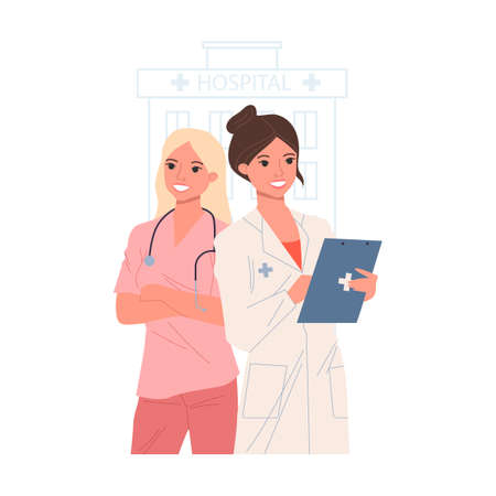 Physician, practitioner with stethoscope, surgeon flat vector illustration. Hospital doctor staff. Healthcare, medicine, clinic, occupation conceptのイラスト素材
