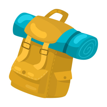 Travel backpack. Equipment and tools for camping cartoon illustration isolated on white background