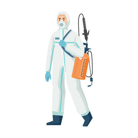 Pest control worker flat vector illustration. Poison and equipment for pest infestation prevention, insects isolated on whiteのイラスト素材