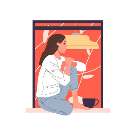 Open window with young woman vector illustration. Exterior of building with men and women living insideのイラスト素材