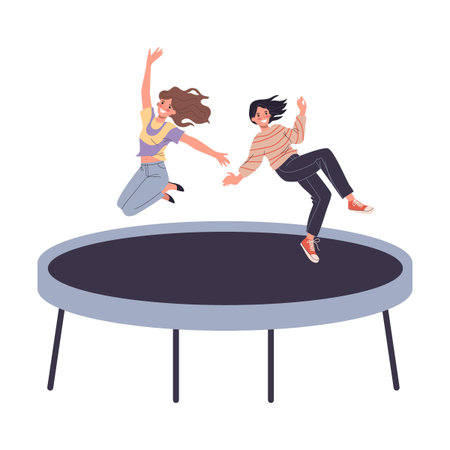 Teenage friends jumping on trampoline. Teens enjoying activity, having fun flat vector illustration. Bouncing, tumbling, joy conceptのイラスト素材