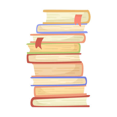 Pile of books cartoon illustration. Opened and closed philosophy, history textbooks for learning new informationのイラスト素材
