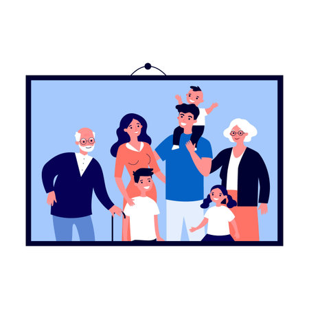 Picture of big family in frame. Just married couple, parents, children, senior people framed photos. Vector illustration for photographyのイラスト素材
