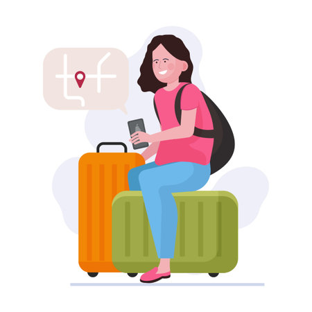 Woman traveler with luggage. Passengers, tourists with suitcases, baggage flat vector illustration. Airport, tourism, vacation conceptのイラスト素材
