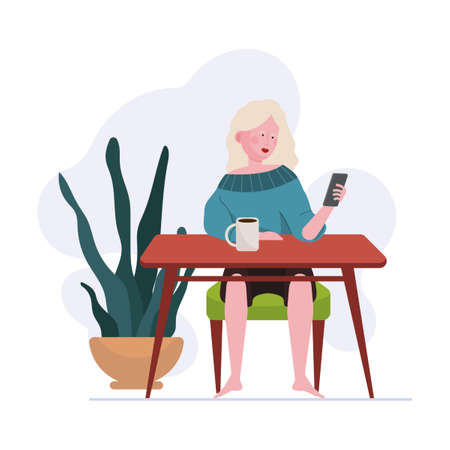 Woman using gadgets at home. Laptop, smartphone, tablet users enjoying leisure flat vector illustration. Wireless technologyのイラスト素材