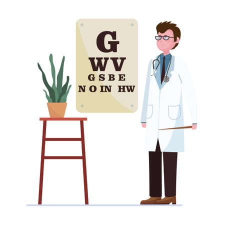 Doctor checks patient vision. Hospital staff. Ophthalmologist, physician, doctor flat vector illustration. Medicine, occupation, healthcare concept for bannerのイラスト素材