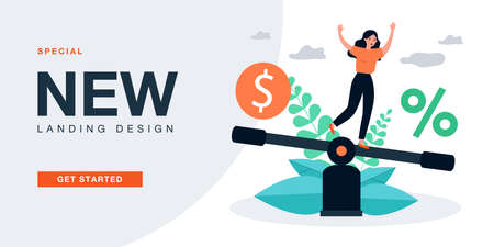 Percentage symbol and money on balancing scales with woman. Person measuring interest rate flat vector illustration. Bank credit, investment concept for banner, website design or landing web pageのイラスト素材