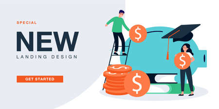 Tiny man putting coin in piggy bank, saving money for education. People planning budget flat vector illustration. School fund, investment concept for banner, website design or landing web pageのイラスト素材