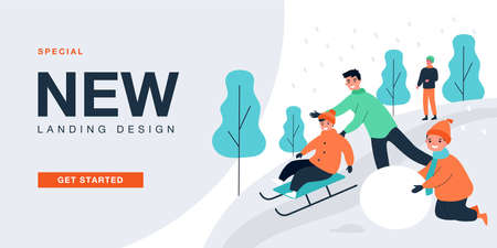 Kids and man sledding down hill together, building snowman. People enjoying snow outdoor flat vector illustration. Winter fun activity, leisure concept for banner, website design or landing web pageのイラスト素材