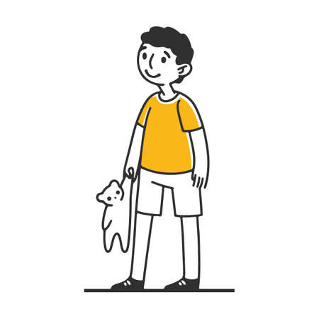 Child with toy in hand. Man in different ages. Male character in ages of infant, child, teenager, adult, old person with cane. Vector illustrationのイラスト素材