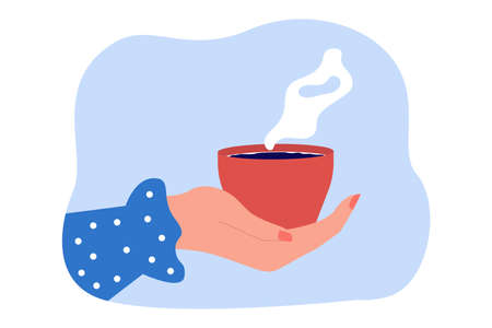Hot cup of tea or coffee in human hand flat vector illustration. Woman warming hands, drinking beverage in morning. Drink, relax concept for banner, website design or landing web pageのイラスト素材
