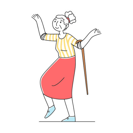 Happy old grandmother dancing flat vector illustration. Cartoon grandfathers and grandmothers enjoying music in clubのイラスト素材