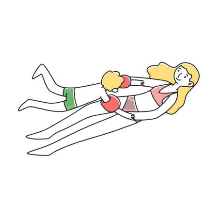 Mom teaches baby to swim in clear sea flat vector illustration. Happy cartoon characters in swimwear playing, surfing, diving. Summer, vacation and activity conceptのイラスト素材