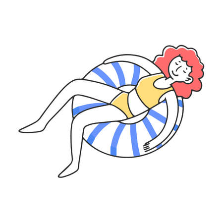 Young girl floats on an inflatable ring flat vector illustration. Happy cartoon characters in swimwear playing, surfing, diving. Summer, vacation and activity conceptのイラスト素材