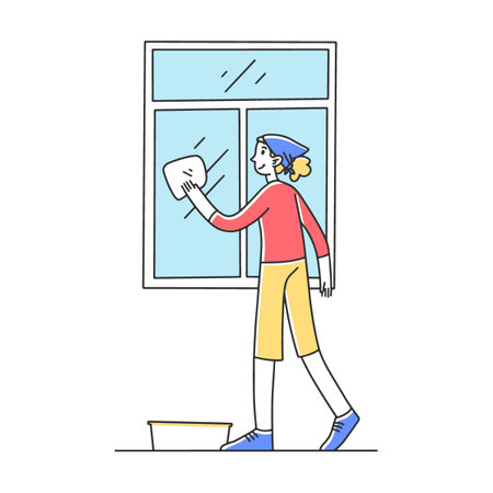 Happy mother cleaning apartment flat vector illustration. Daughter, mother and father working for household and clean homeのイラスト素材