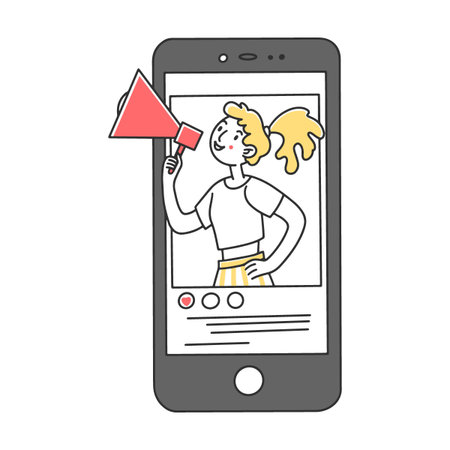 Girl with megaphone in hand from smartphone. Blogger advising product online to audience vector illustration. Person promoting services in social media to potential buyersのイラスト素材