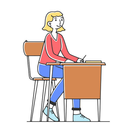 Happy girl at college classroom studying lesson flat vector illustration. Young people in class listening lecture and teacher explaining themeのイラスト素材