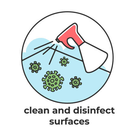 Treat surface with an antiseptic. Coronavirus prevention tip. Doctor presenting list of measures to stop corona virus spreading. Vector illustration for ncov-2019 protectionのイラスト素材