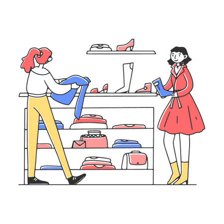 Happy female customers choosing clothes at fashion store flat vector illustration. Girls taking apparel from hanger and buying garmentのイラスト素材