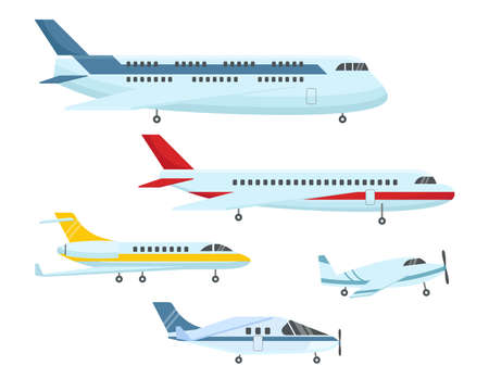 Different types of planes flat vector illustrations set. Passenger airplane or aeroplane, jets or aircrafts for airlines, air transport isolated on white background. Aviation, transportation conceptのイラスト素材