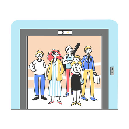 Group of different people standing inside elevator flat vector illustration. Cartoon characters...