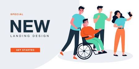 Friends taking selfie together with man in wheelchair. Group of people taking photo with guy with physical disability flat vector illustration. Disability, friendship, communication concept for bannerのイラスト素材