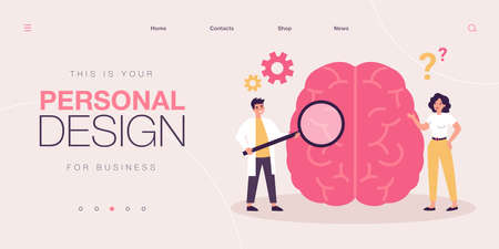 Tiny doctors studying human brain diseases. Male scientist holding magnifier for diagnostics flat vector illustration. Psychology, neurology concept for banner, website design or landing web pageのイラスト素材