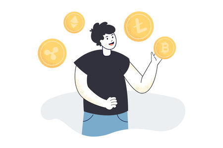 Investor choosing between bitcoin, ethereum, ripple, litecoin. Man holding gold cryptocurrency coin flat vector illustration. Cryptography concept for banner, website design or landing web pageのイラスト素材