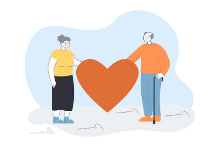 Old grandfather and grandmother holding red heart together. Love of senior man and woman flat vector illustration. Valentines Day, family concept for banner, website design or landing web pageのイラスト素材