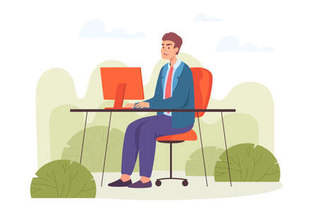 Businessman working in park flat vector illustration. Happy man or employee in official suit sitting at desk, working in nature. Workplace, job, fantasy, relax, balance conceptのイラスト素材