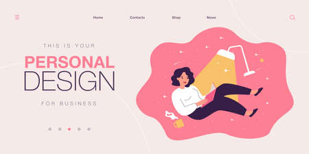 Happy cartoon woman reading and fantasizing at night. Flat vector illustration. Girl character flying in magic space with illuminating lamp, book, cup of tea. Reading, literature, imagination conceptのイラスト素材