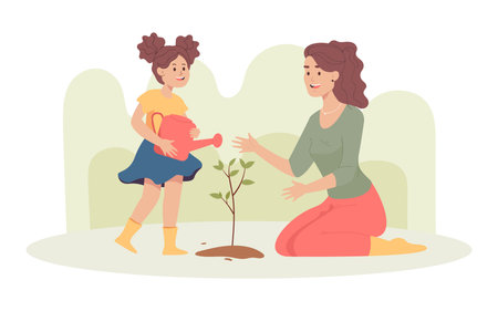 Mother and daughter watering tree flat vector illustration. Happy child holding watering pot, taking care of plant growing in garden, spending time with parent. Ecology, family, gardening conceptのイラスト素材