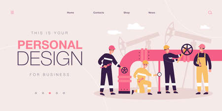 Cartoon workers characters with pipeline transporting oil or gas. Flat vector illustration. Men in uniform controlling pipe execution, preventing from leaks, erosion. Oil industry, engineering conceptのイラスト素材