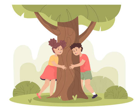 Happy boy and girl hugging tree flat vector illustration. Cute kids spending time in forest or park together. Nature, friendship, environment, ecology, protection conceptのイラスト素材