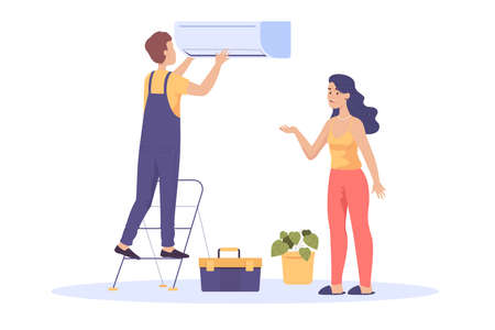 Cartoon woman next to repairman fixing air conditioner. Home ventilation or HVAC system, engineer repairing cooling or heating unit in room flat vector illustration. Repair service concept for bannerのイラスト素材