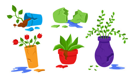 Flowers in broken pots vector illustrations set. Fallen down houseplants, flowerpots on floor isolated on white background. Gardening, plants conceptのイラスト素材