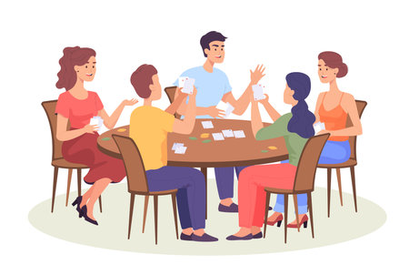 Group of friends playing card game at table. Cartoon people playing poker at home flat vector illustration. Board games, leisure concept for banner, website design or landing web pageのイラスト素材
