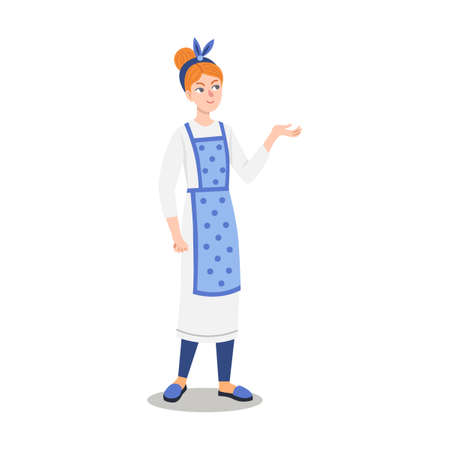 Female baker cartoon character for kids vector illustration. Cooking equipment, mixer, flour, different kinds of bread isolated on whiteのイラスト素材
