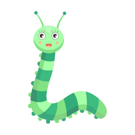 Funny smiling caterpillar flat icon. Cartoon cute caterpillar, fly, beetle, butterfly, snail, spider isolated vector illustration. Nature and insectのイラスト素材