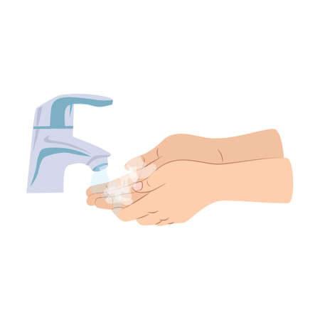 Washing steps. Hand hygiene cartoon illustration. Using liquid soap, sanitizer and dry wipes. Healthy life, medical disinfection, healthcare conceptのイラスト素材