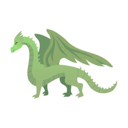 Mythical green Dragon flat vector illustration. Fantasy characters, centaur, harpy, dragon, mermaid, Pegasus, griffin isolated on whiteのイラスト素材
