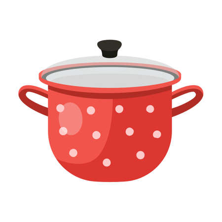 Red saucepan with a lid. Kitchenware, cooking baking utensil isolated vector illustration. Modern kitchen tool flat icon. Cutlery and kitchen accessoriesのイラスト素材