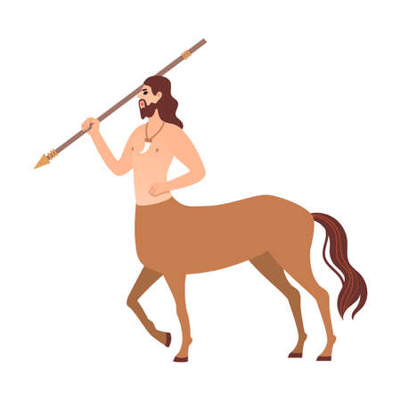 Mythical creature centaur flat vector illustration. Fantasy characters, centaur, harpy, dragon, mermaid, Pegasus, griffin isolated on whiteのイラスト素材