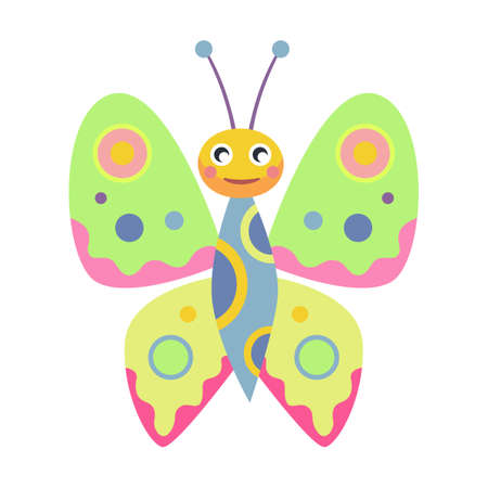Funny smiling butterfly flat icon. Cartoon cute caterpillar, fly, beetle, butterfly, snail, spider isolated vector illustration. Nature and insectのイラスト素材
