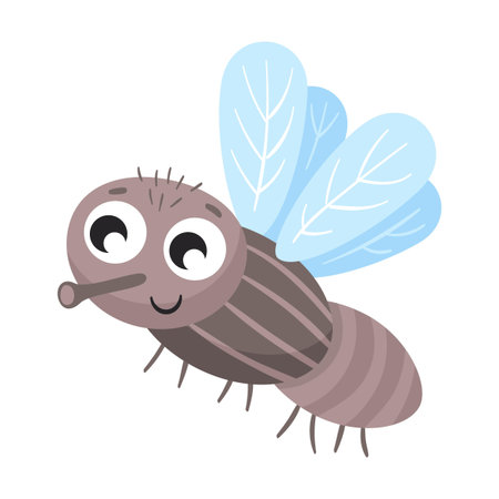 Funny smiling fly flat icon. Cartoon cute caterpillar, fly, beetle, butterfly, snail, spider isolated vector illustration. Nature and insectのイラスト素材