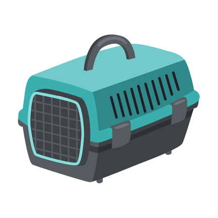 Animal carrier cage. Dog with its food, toys, brush, bowls vector illustration. Cartoon animals collar, kennel, balls, shampoo animals conceptのイラスト素材