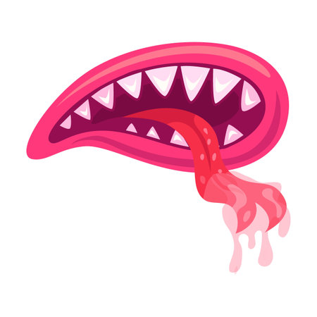 Monster red mouth illustration in cartoon style. Cute creature mouth with tongue and teeth and dripping saliva. Halloween caricature monsterのイラスト素材