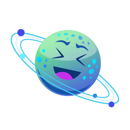 Funny planet Saturn with faces vector cartoon illustration. Fantasy planet characters with eyes and mouths isolated on purple background. Kids astronomyのイラスト素材
