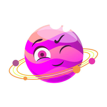 Planet with faces vector cartoon illustration. Fantasy planet characters with eyes and mouths isolated on purple background. Kids astronomyのイラスト素材