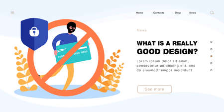 Cartoon thief stealing big credit card. Criminal in mask and stop symbol, financial protection from fraud flat vector illustration. Security, crime concept for banner, website design or landing pageのイラスト素材